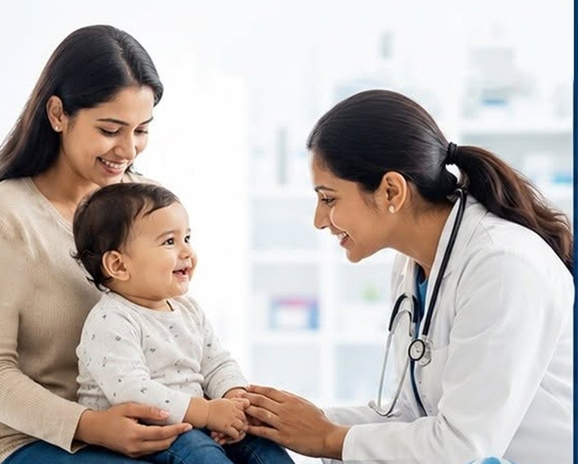 Paediatric check-up of an infant with the parent present